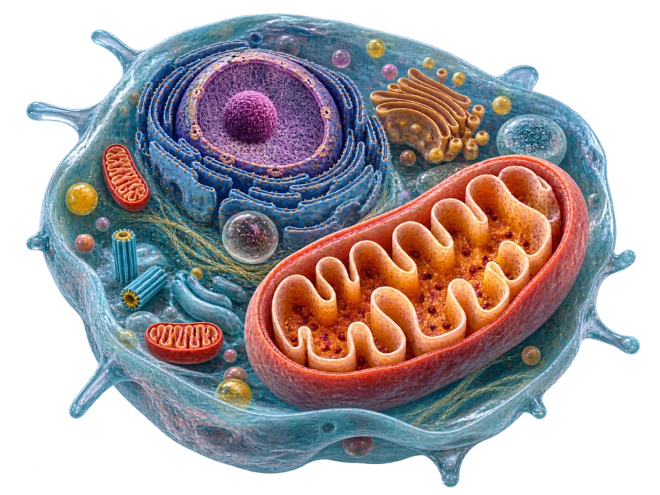 Animal cell cross-section showing cytoplasm, nucleus and a prominent mitochondrion with visible inner membranes