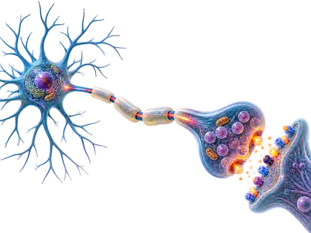 Neuron with a myelinated axon and enlarged chemical synapse showing vesicles and receptors