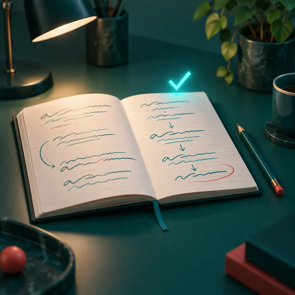 An open notebook showing a worked solution under a warm lamp