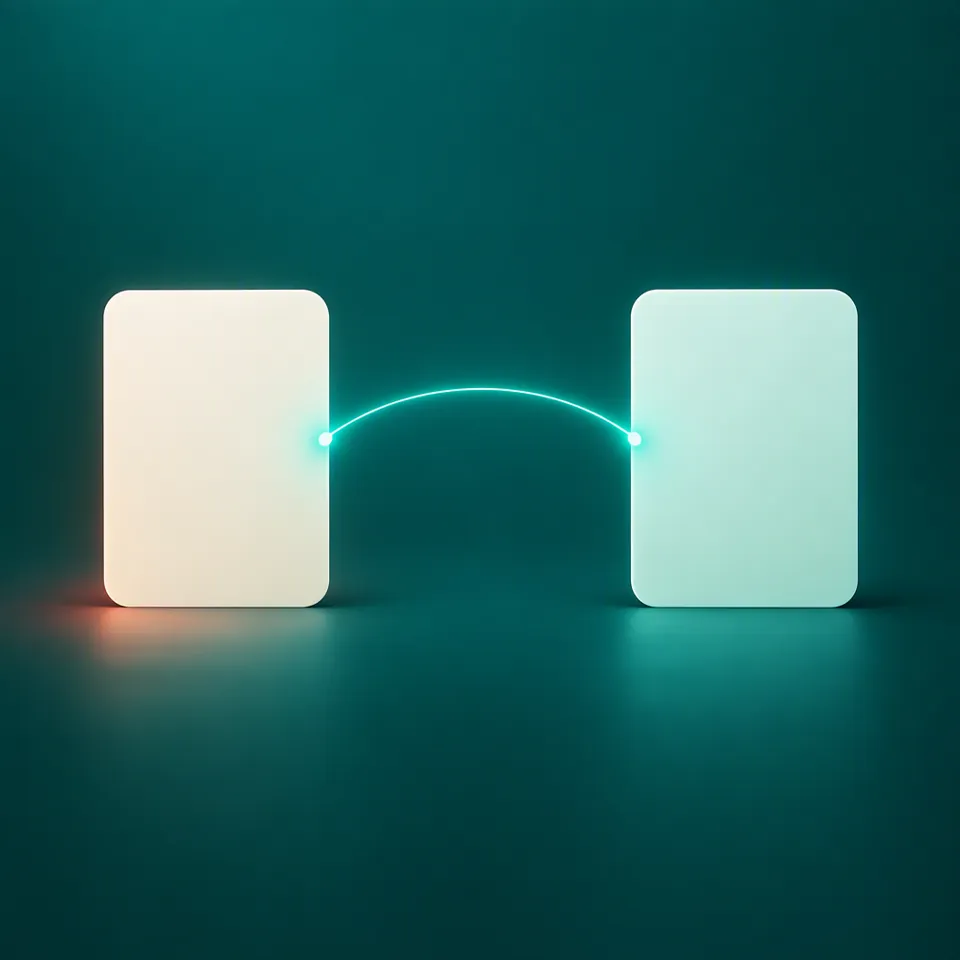 Two question cards joined by a thread of light, standing for a prediction matched to a real exam question