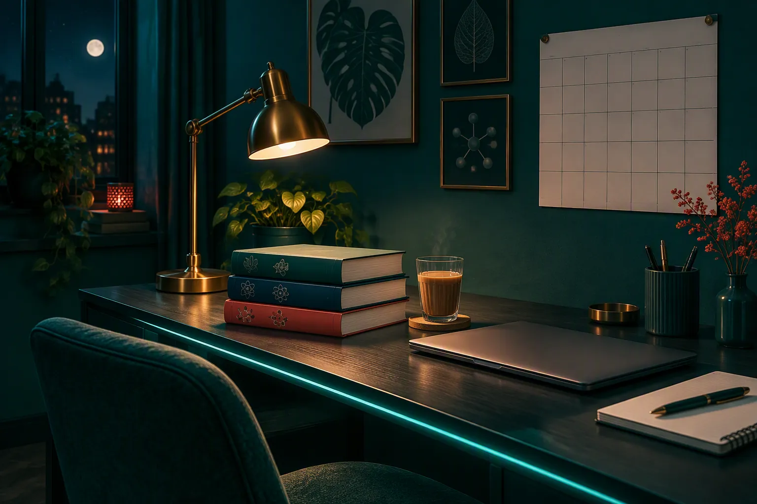 A desk at night with NCERT textbooks, a lamp and a cup of chai